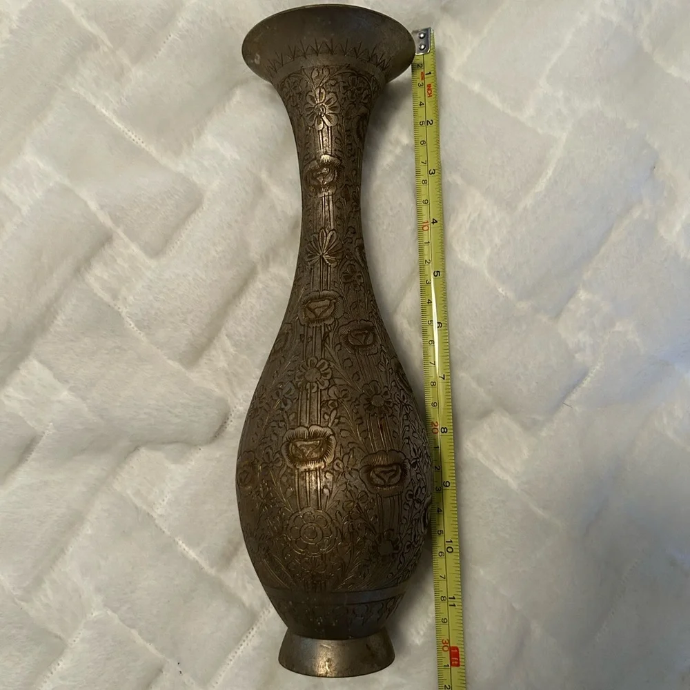 Metallic Trumpet Vase Etched With Flowers 11”